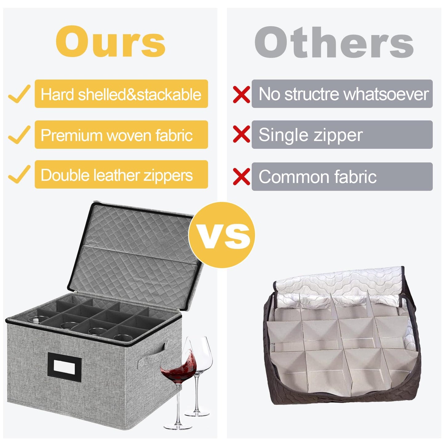 homyfort Wine Glass Storage Box, China Storage Containers with Dividers, Stemware Storage Case Holds 12 Wine Glass or long stem Crystal Glassware with Handles, Hard Shell and Stackable (Grey)