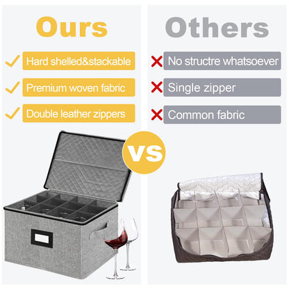 homyfort Wine Glass Storage Box, China Storage Containers with Dividers, Stemware Storage Case Holds 12 Wine Glass or long stem Crystal Glassware with Handles, Hard Shell and Stackable (Grey)