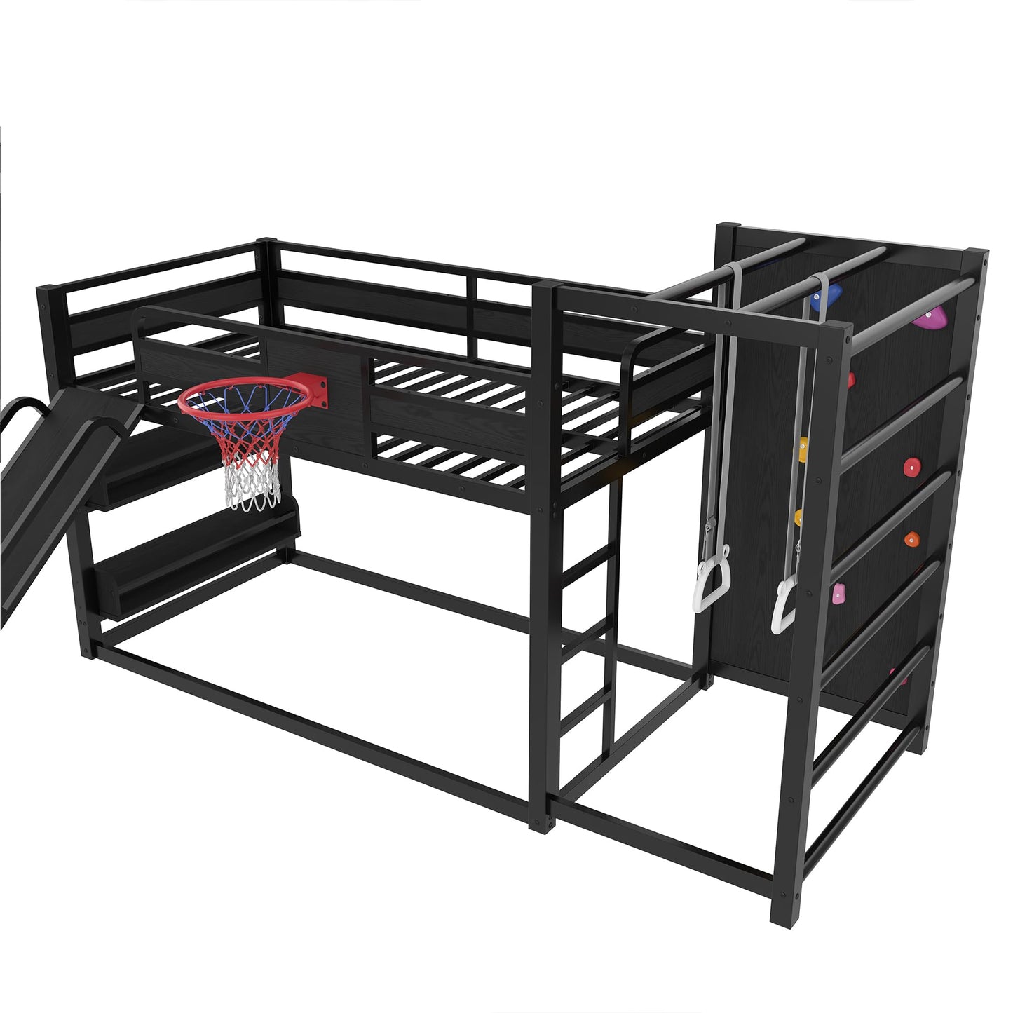 Bellemave Twin Size Bunk Bed with Basketball Hoop, Pull-up Rings and Climbing Wall, Twin Bunk Bed with Slide and Bookcase, Heavy Duty Bunk Beds with Guardrail, Black