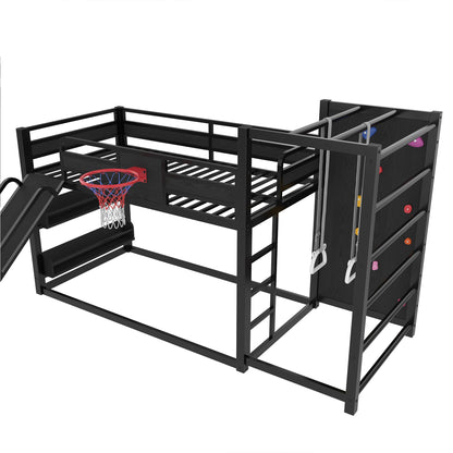 Bellemave Twin Size Bunk Bed with Basketball Hoop, Pull-up Rings and Climbing Wall, Twin Bunk Bed with Slide and Bookcase, Heavy Duty Bunk Beds with Guardrail, Black