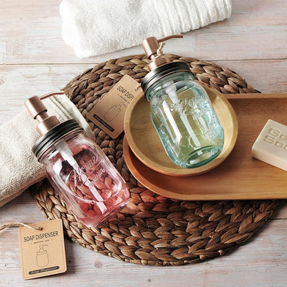 Amolliar Mason Jar Liquid Soap Dispenser, 16OZ Glass Countertop Lotion Dispenser Bottle, Farmhouse Decor for Kitchen, Bathroom, Refillable Dispenser for Hand Soap, Dish Soap, Lotion Soap, Copper 2Pack