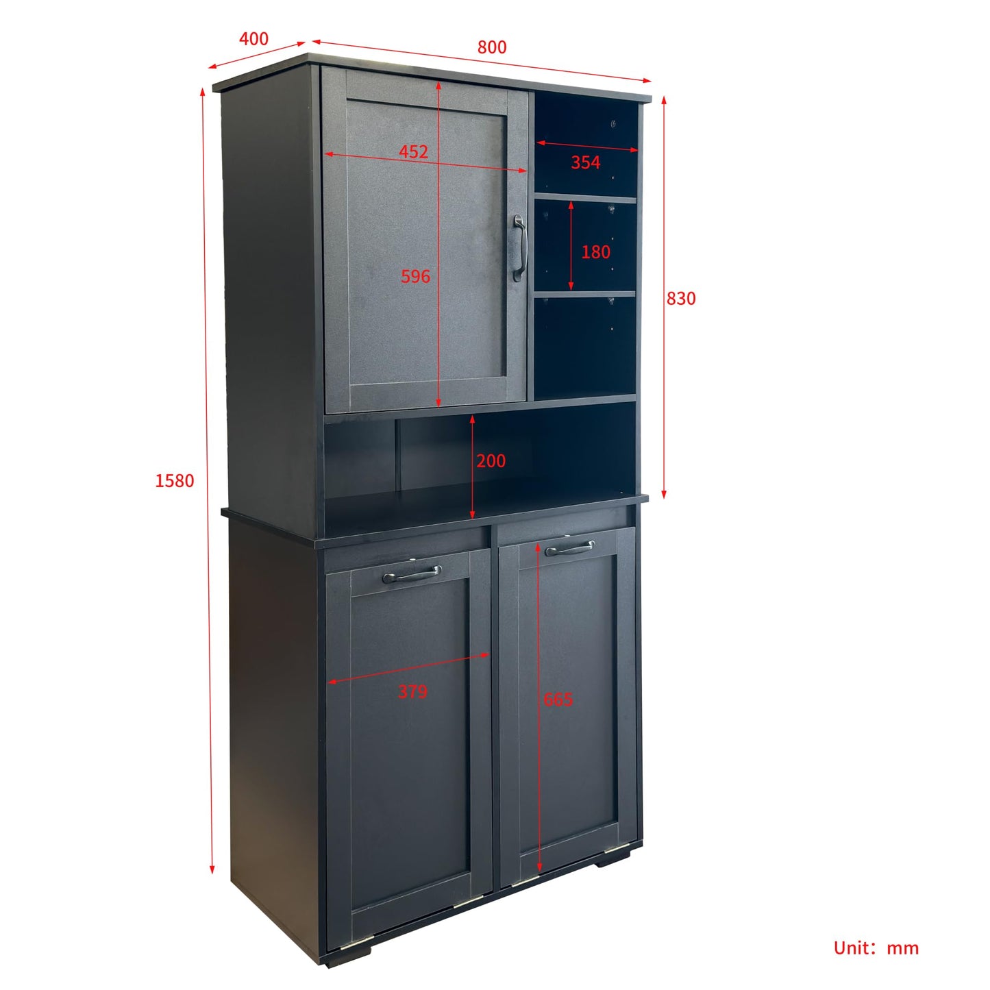 Roomfitters Tilt Out Laundry Hamper Cabinet with Hutch Modern Black Wooden Bathroom Storage Pantry Linen Tower, Black
