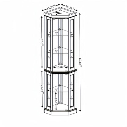KEIKI 70" Corner Glass Display Cabinet with Adjustable Shelves, for Collectibles, Storage Curio Cabinet with Side-Hung Pane Doors, 5-Tier Showcase Display Case, Easy Assembly, for Living Room, Cherry