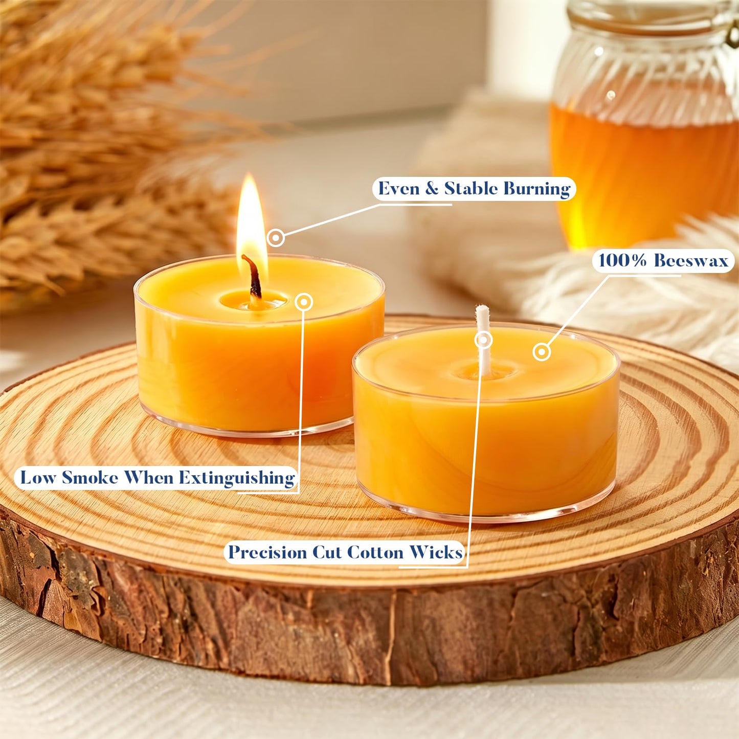 Crenovo Tea Lights Beeswax 36 Pack, 8-Hour 100% Pure Bees Wax Tealight Candles, Smokeless Unscented Votive Cup Candles for Home Spa Meditation Relaxation