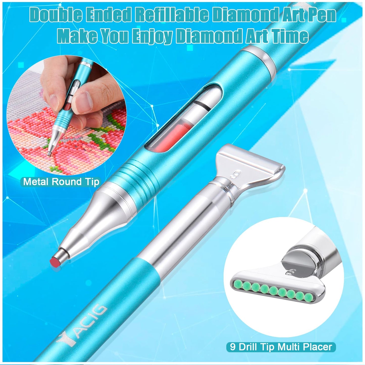 Yacig Diamond Art Pen Refillable Wax Pen for Diamond Painting, Metal 5D Diamonds Art Accessories Pens with a Multi Placer, Blue