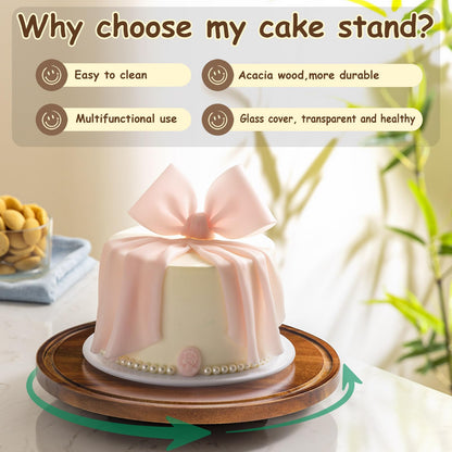 Yangbaga 11IN Wood Cake Stand with Dome Lid, Rotating Cake Stand with Glass Dome- Cake Plate with Cover for Baking Gifts/Birthday Kitchen/Party/Weddings