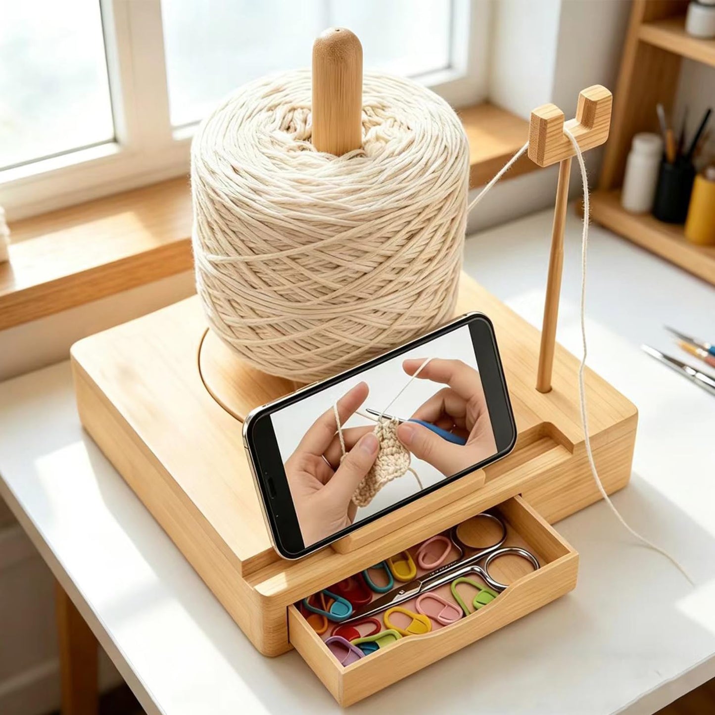 Portable Multi-Functional Wooden Yarn Spool Rotator with Phone Holder, Detachable Yarn Spool Box and Crochet Accessory Storage Box, Designed for Knitting Enthusiasts. (Original Wood Style)