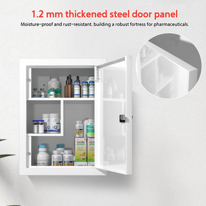Wall-Mount Locking Medicine Cabinet: Large Metal Storage Organizer Box with Combination & Key Lock - First Aid Medicine Cabinet 3-Compartment Design for Bathroom Home (15.75" H x 11.82" W x 4.72" D)