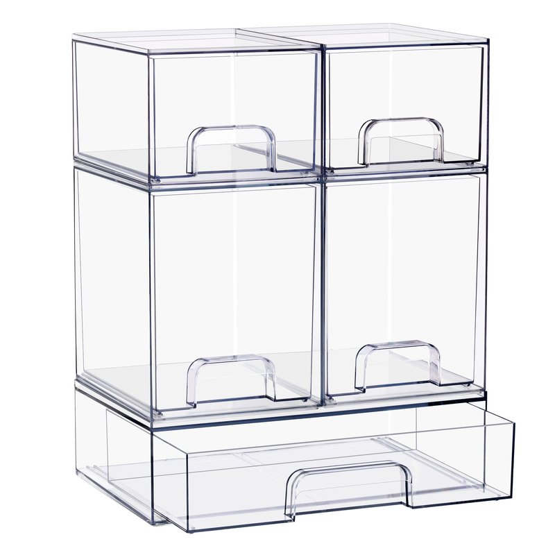 Sorbus Stackable Acrylic Storage Drawers – 2 Small + 2 Tall + 1 Wide – 5 Pack Clear Plastic Organizer Bins for Baby Bottles, Makeup, Bathroom & Vanity, Pull-Out Drawer Design for Kitchen Cabinets