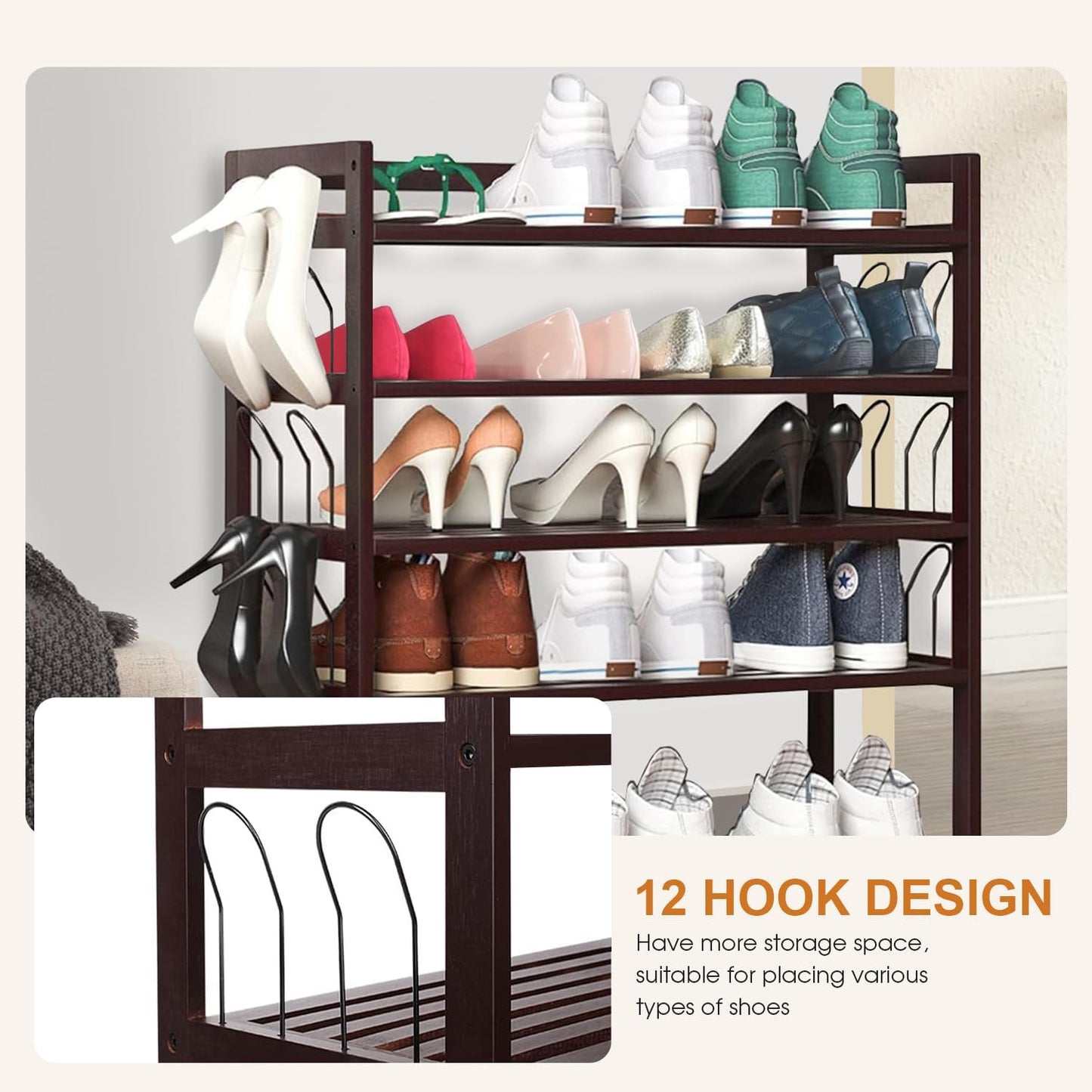 PayLessHere 5-Tier Closet (5 Bamboo Shoe Rack Shoe Bench Shoe Shelf Free Standing Storage Organizer with Additional