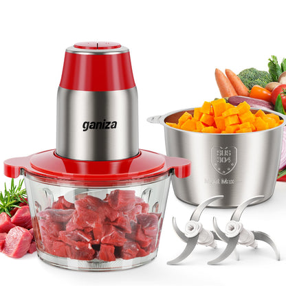 GANIZA Food Processors, Electric Food Chopper with Meat Grinder & Vegetable Chopper - 2 Bowls (8 Cup+8 Cup) with Powerful 450W Copper Motor - Includes 2 Sets of Bi-Level Blades (Red)