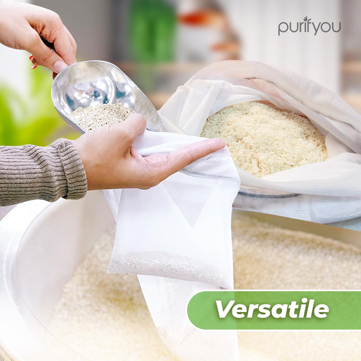purifyou Set of 9 Reusable Produce Bags, Heavy Duty Washable Mesh Grocery Bag with Drawstring, Ideal for Farmers Market, Beach, and Refrigerator Storage (Extra Large, Large, Small)