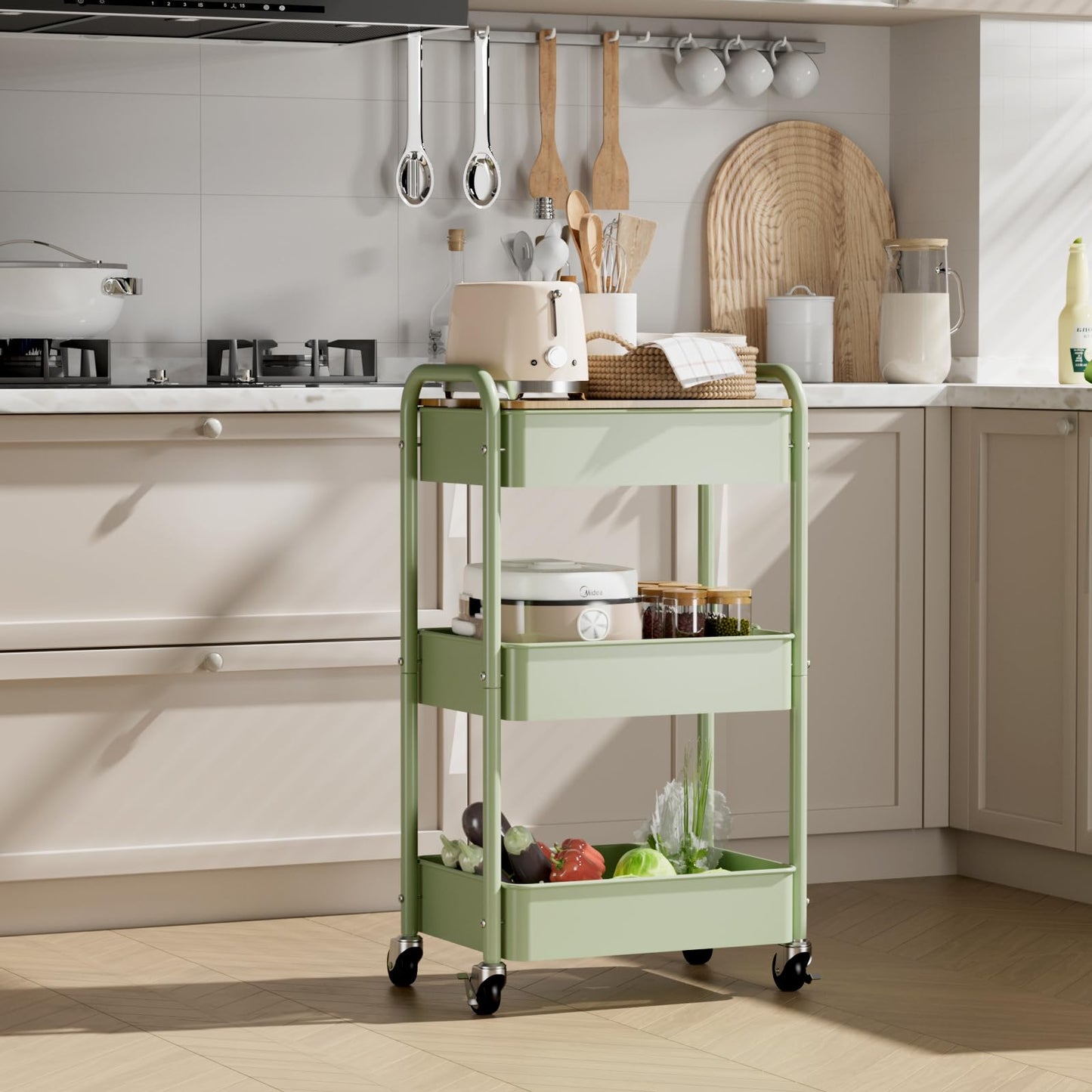 johgee 3 Tier Rolling Cart with Table top, Metal Rolling Utility Cart, Sturdy Storage Organizer Cart with Locking Wheels & Hooks for Office, Classroom, Kitchen and Bathroom