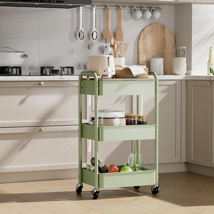 johgee 3 Tier Rolling Cart with Table top, Metal Rolling Utility Cart, Sturdy Storage Organizer Cart with Locking Wheels & Hooks for Office, Classroom, Kitchen and Bathroom