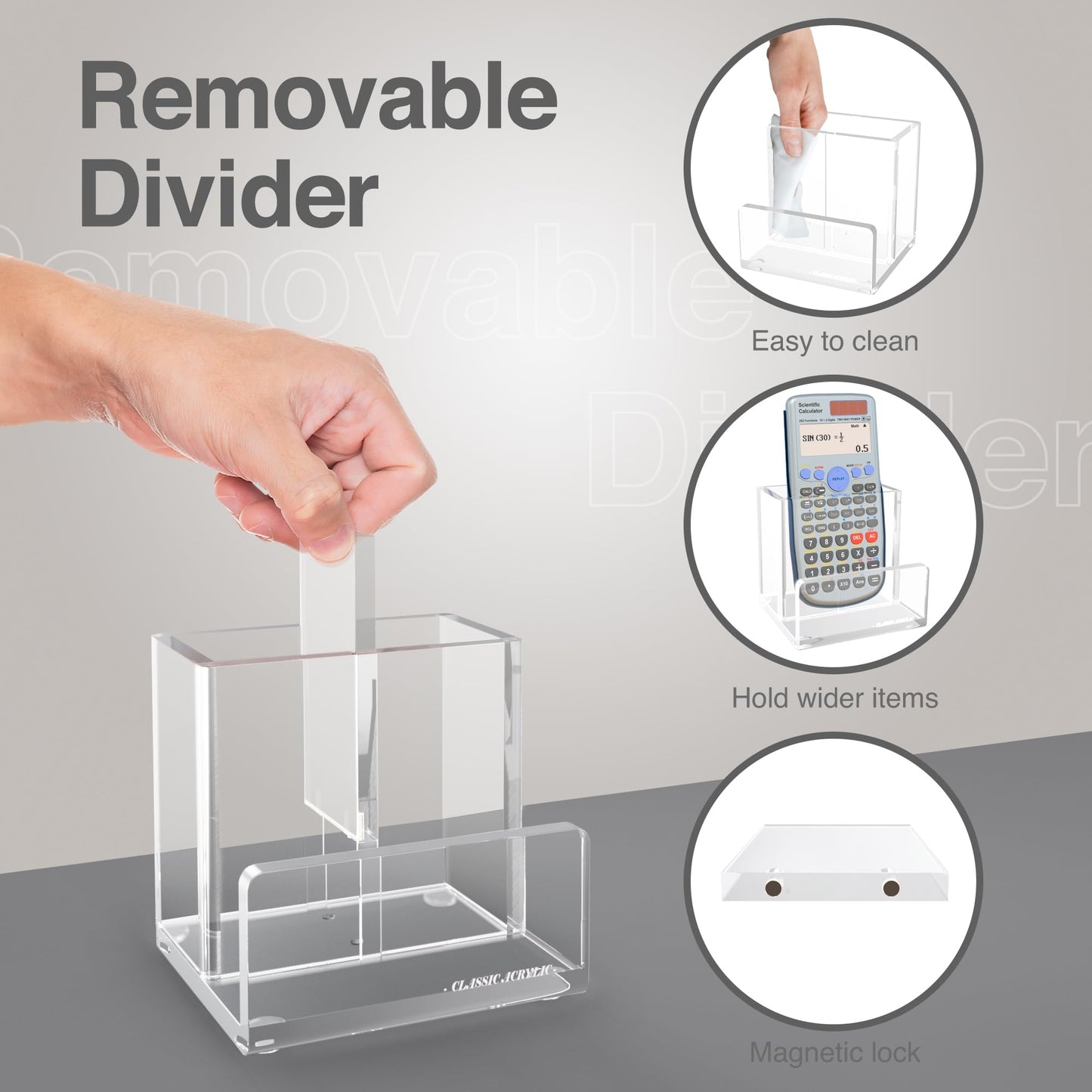 CLASSIC ACRYLIC Pen Organizer for Desk-A Modern Desk Accessory w/a Removable Divider is Great as a Pen & Makeup Brush Holder-This Chic Acrylic Storage Stand Makes a Great Gift for Home/Work Space