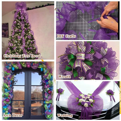 2 Rolls Purple Deco Mesh Ribbon for Wreath Making Supplies, Halloween Decor 10inch x 30 feet Each Roll Metallic Foil for Fall Wreaths Christmas Tree Ribbon Home Party Decor