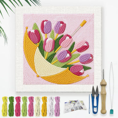 DOODLREAM Tulips Flower Punch Needle Kit for Beginner, 9.4"x 9.4" Umbrellas Punch Stitching Craft Set, DIY Embroidery Starter with Printed Frame, Instruction, Threader, Yarn, Pinch Needle