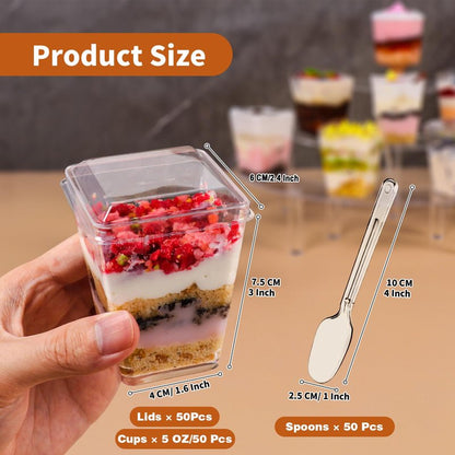 LifeIdeas 150 Pcs Mini Dessert Cups with Spoons and Lids, 5 Oz Square Vasitos Para Postres, Shooters Cups for Party, Clear Yogurt Parfait Cups for Pudding, Fruit, Mousse, Snacks & Appetizers