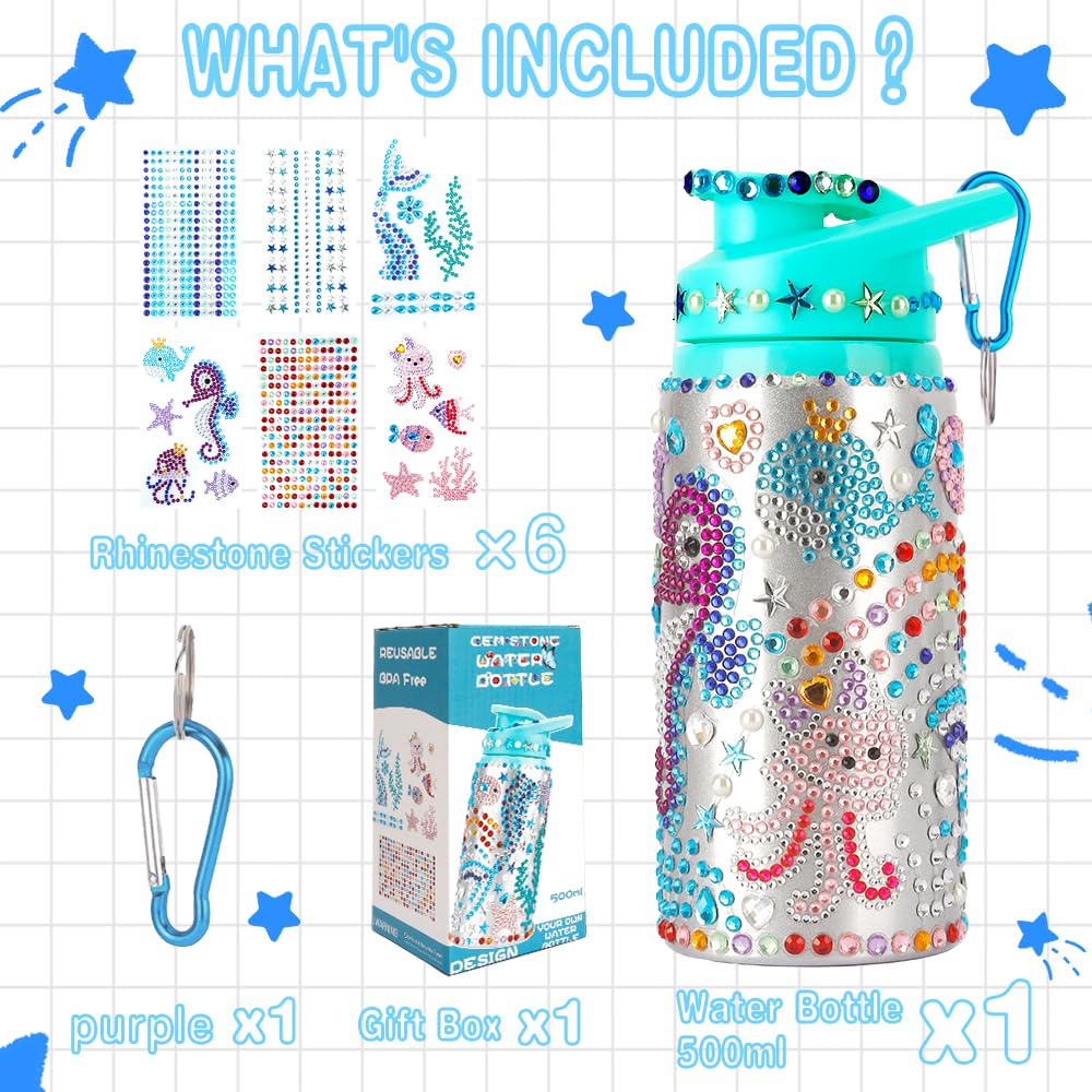 Graduation Gift for Kids, Decorate Your Own Water Bottle Kits for Girls Age 4 5 6 7 8 9 10-12 Year Old Girl Gifts, Mermaid Gem Diamond Painting DIY Arts and Crafts Gifts for Birthday Party Favors