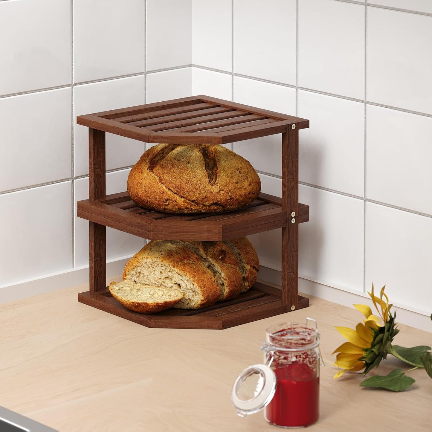 Shelf,2 Countertop,Pantry VERTORGAN Bamboo Corner Tier Plate Organizer for Cabinet and Dish and Spice Rack