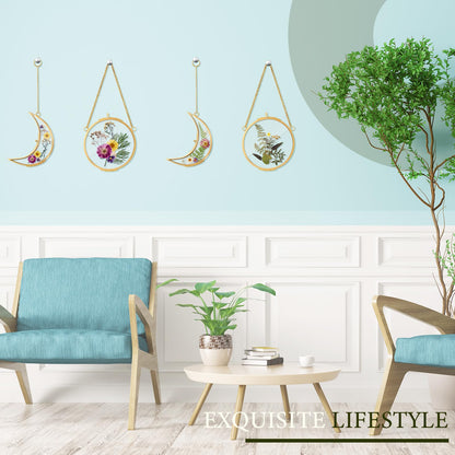 Qunclay 4 Pcs Pressed Flower Frames Bulk Double Glass Floating Hanging Photo Frame Sun Moon Clear Pressed Flower Decor with Chain for DIY Crafts Artwork Display Gallery(Gold,3.5 x 2.5 Inch)
