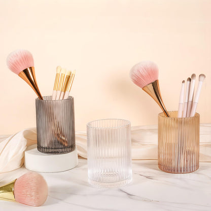 DASITON Makeup Brush Holder Organizer, Crystal Cosmetic Makeup Brushes Storage Holder, Glass Make Up Brush Holder, Vintage Striped Make Up Cup Desk Pen Pencil Holder, Toothbrush Holders (Coffee S)