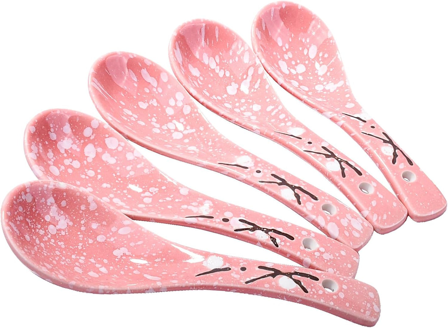 Japanese Soup Spoons Set of 5 - Pink Ceramic Spoons for Soup, Ramen, Pho, Gravy, and Dumplings