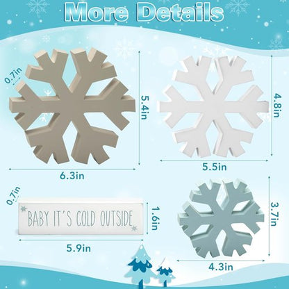 KORMMCO Winter Snowflake Fireplace Decorations - 4Pcs Farmhouse Christmas Decor | Wooden Signs for Tabletop & Shelves (White, Brown, Blue)