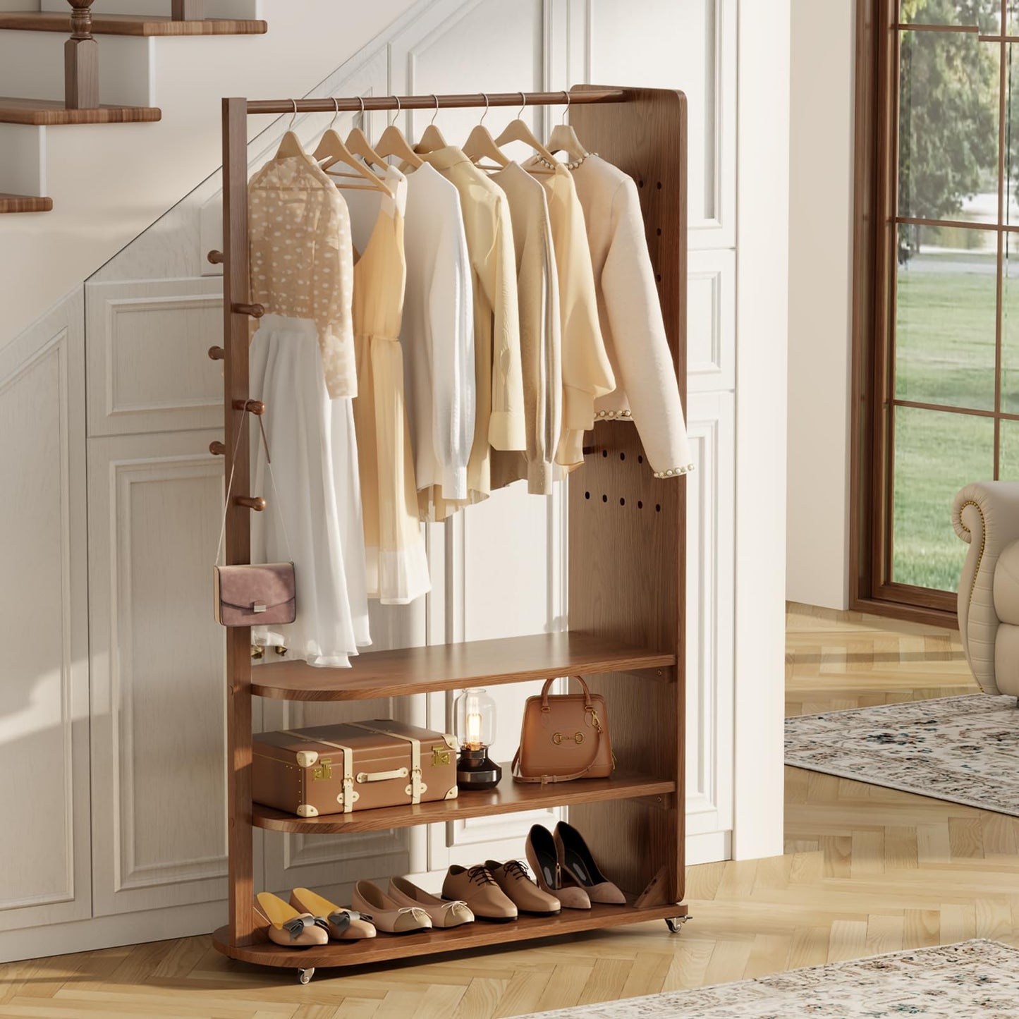 DONGMUWUJEE Solid Wood Full Length Mirror Clothes Rack,70" x 40" x 16" Oversize Standing Mirror Full Length with Brake Wheels, Floor Mirror for Living Room, Entryway, Bedroom (Walnut)