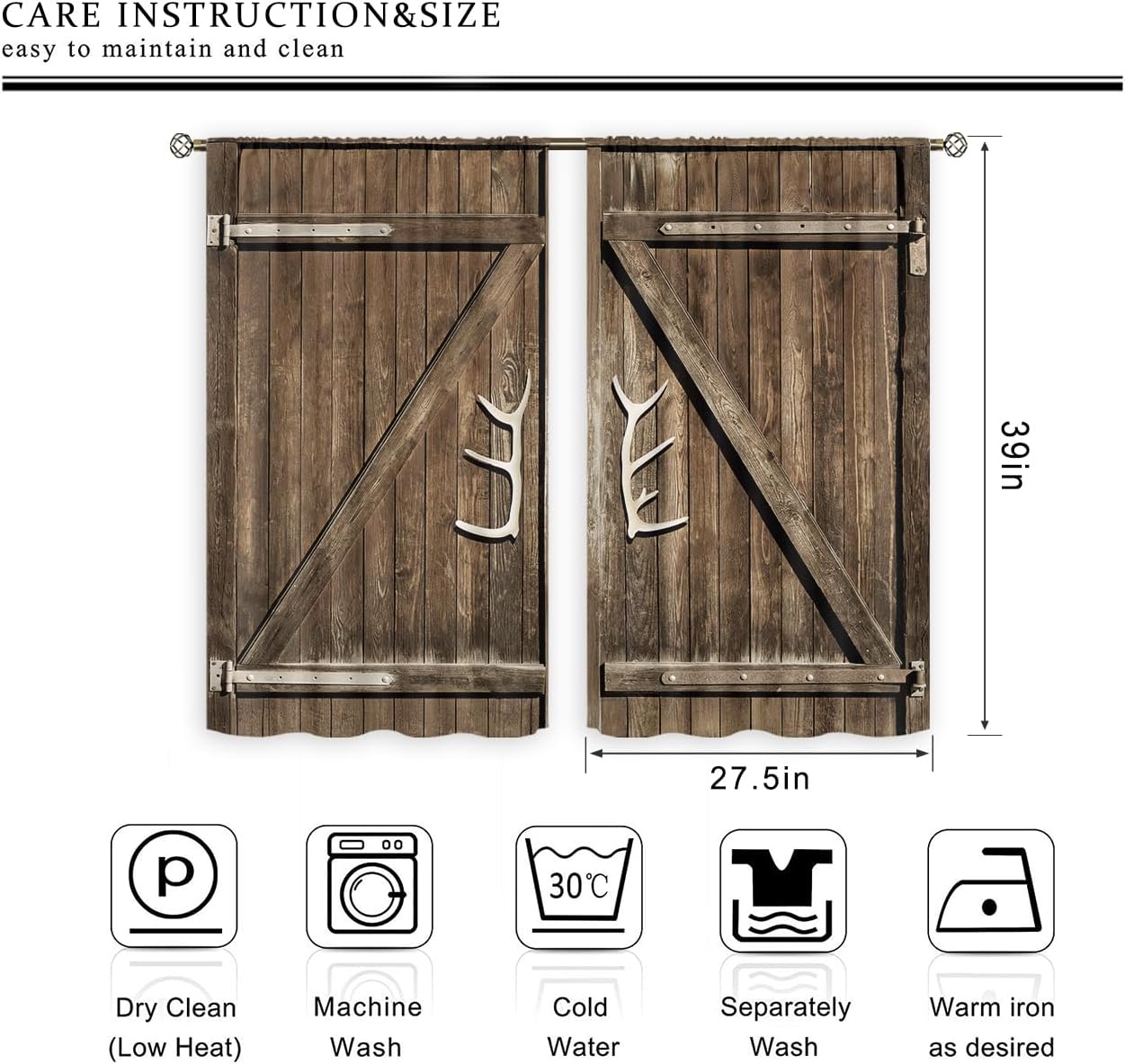Cinbloo Farmhouse Kitchen Curtains, Rod Pocket 27.5W x 39L Inch Brown Barn Door Vintage Country Design, 2 Panels Set
