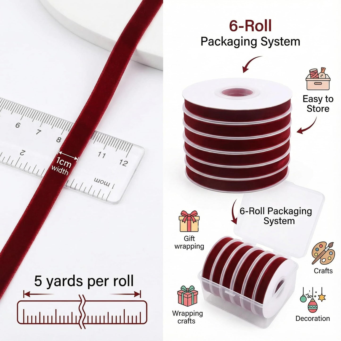 Christmas Velvet Ribbon Craft Kit – 6 Rolls Burgundy Felt Ribbon with Jute Twine Snowflake Fabric Patches, Complete Holiday Gift Wrapping Decoration Set, High-Value Bundle for Xmas Crafts Home Décor