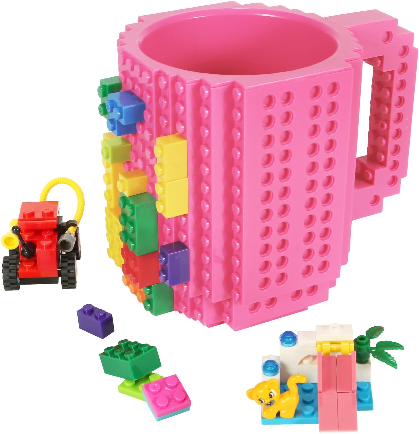 Build-on Brick Coffee Mug, Funny DIY Novelty Cup with Building Blocks for Kids, Men, Women, Xmas Birthday (Rose)