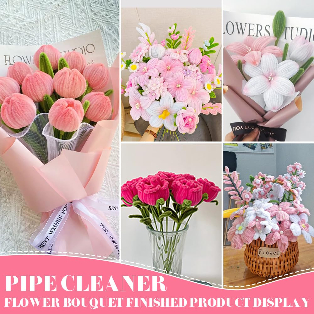 AHAMETON 620-Piece Pink Pipe Cleaner Craft Kit - 6 Pastel Shades Chenille Stems with Floral Wire for DIY Wedding Bouquets, Mother’s Day Gifts & Party Decorations