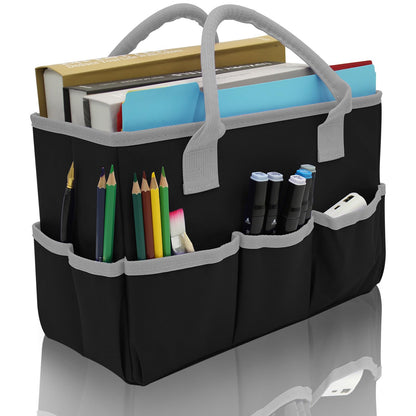Cupohus Art Organizer Craft Storage Tote Bag with Pockets and Hadles, Oxford Fabric Carrying Caddy for Teacher, Officer, Artist, Students, Traveler, and more – Black with Grey Edge
