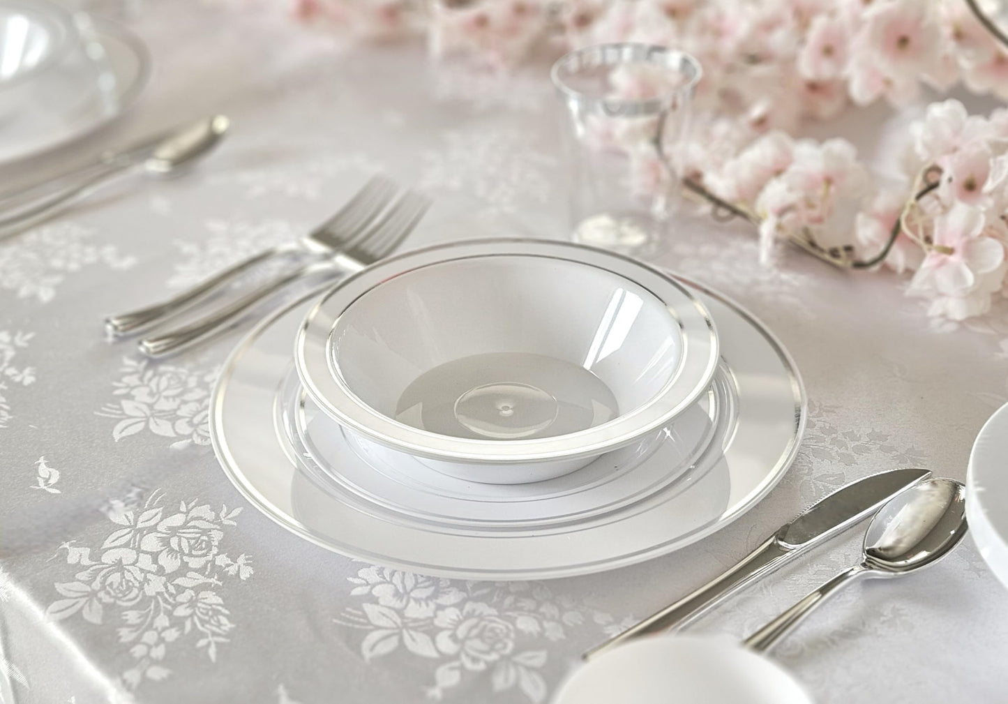 OCCASIONS 40 Piece Disposable Plastic Charger Plates 12 Inch Heavyweight Chargers for Dinner Plates, Wedding, Party, Bulk Table Setting – Premium White & Silver Rim Collection