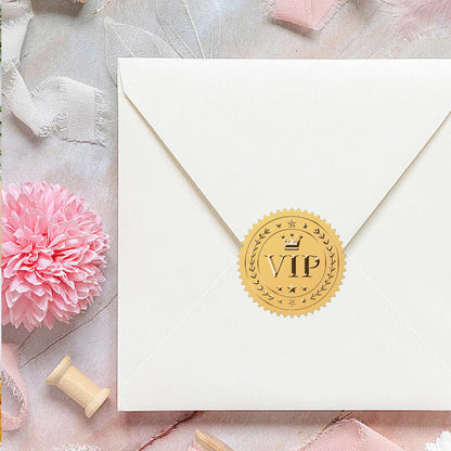 CRASPIRE VIP Stickers 100Pcs 2" Crown Envelope Seals Stickers Gold Foil Stickers Vintage VIP Envelope Stickers with Serrated Edge Embossed Envelope Seals for Envelopes Diplomas Wedding Supplies DIY