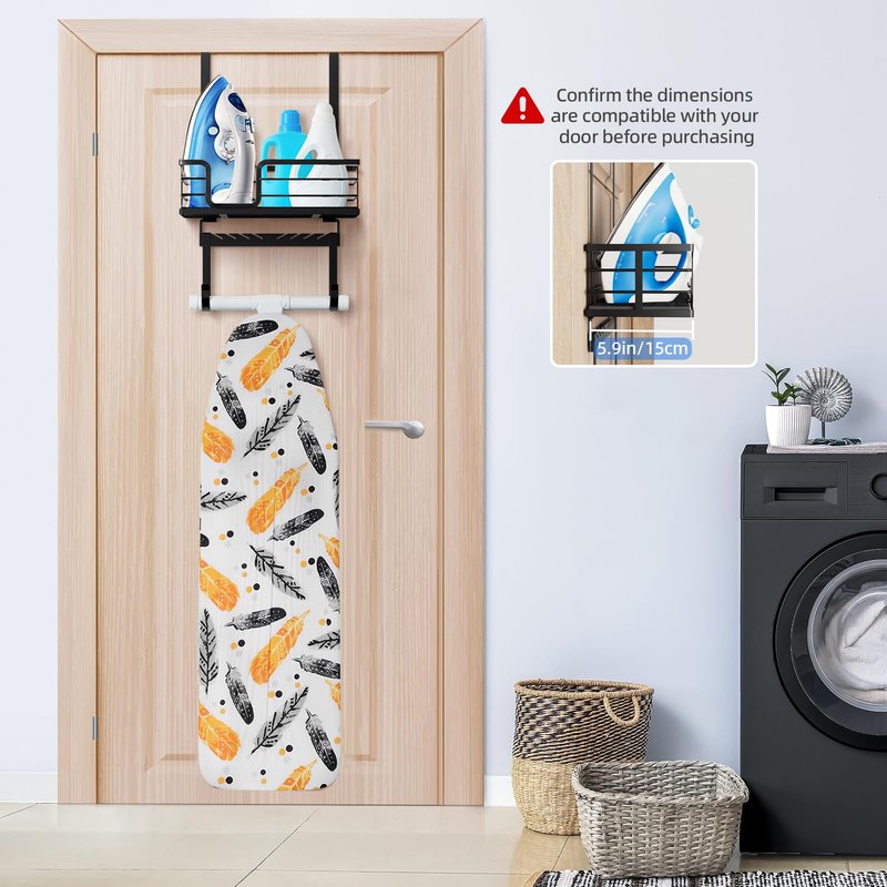 TJ.MOREE Over the Door/Wall Mount Ironing Board Hanger, Laundry Room Iron and Ironing Board Caddy Storage for Water Mister, Fabric Sprays, Laundry Detergent