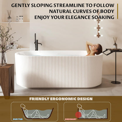 59" Acrylic Freestanding Bathtub, Modern Acrylic Soaking Bathtub, Freestanding Rectangular Tub with Matte Drain and Overflow, Ergonomic Deep Design, Double-Walled Insulation, CUPC Certified