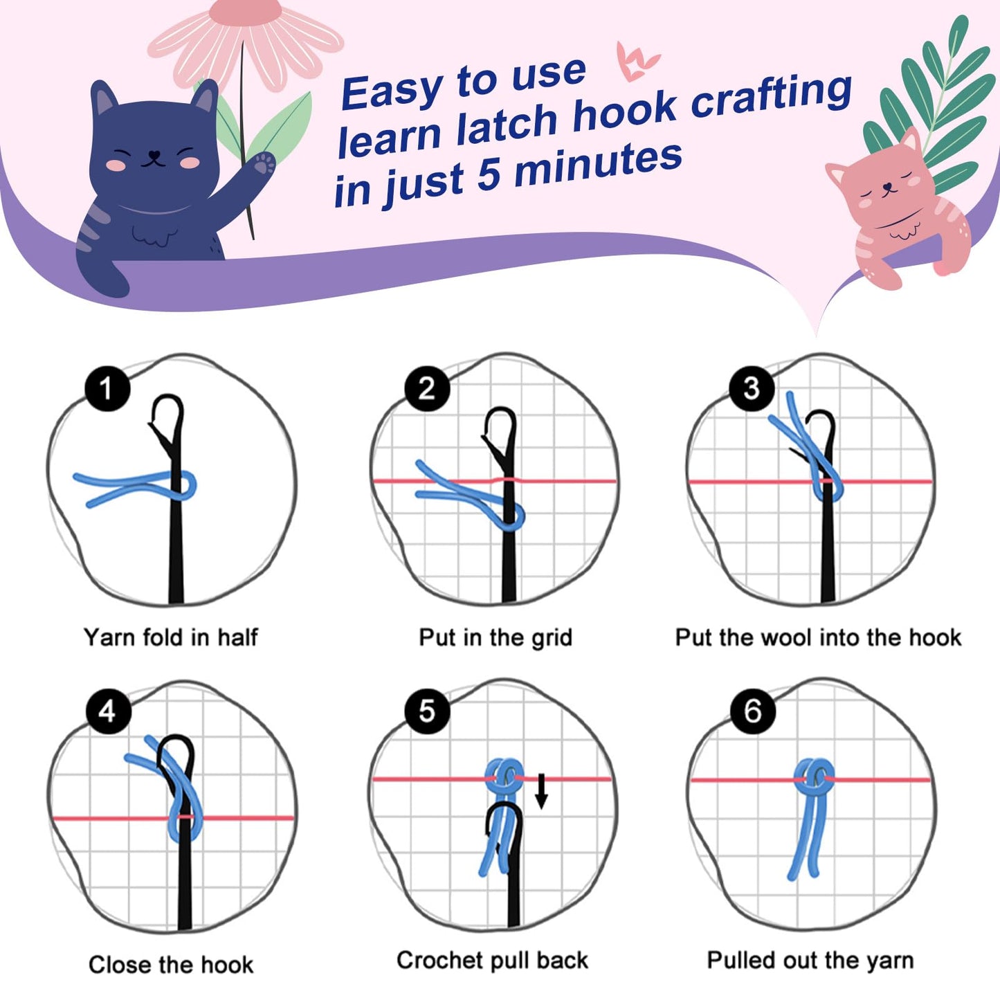 veirousa Blue Butterfly Latch Hook Kit for Adults Beginners, Pre-Printed Latch Hook Rug Kit, DIY Carpet Making Set for Home Wall Hanging Art Decoration 20x15 Inch