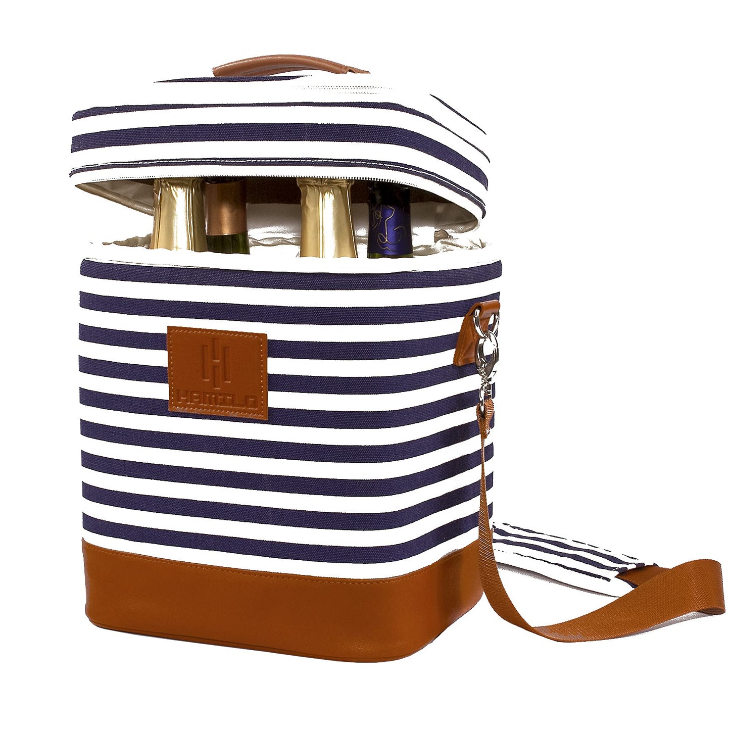 HAMILO 4 Bottle Wine Carrier - Stripe, Champagne Carrier Bag, Waterproof Wine Tote Bag with Expandable Zipper and Padded Shoulder, Insulated Wine Bag, Wine Cooler Bag, Wine Accessories Gift for Women