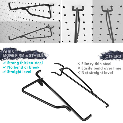 Pegboard Shelf Hooks, 4 Pack Metal Utility Hook Set, 1/4 inch Peg Board Organizer Accessories, Shelves and Baskets Brackets, Display and Storage Rack for Garage Art Craft Room Office (Black, 6")