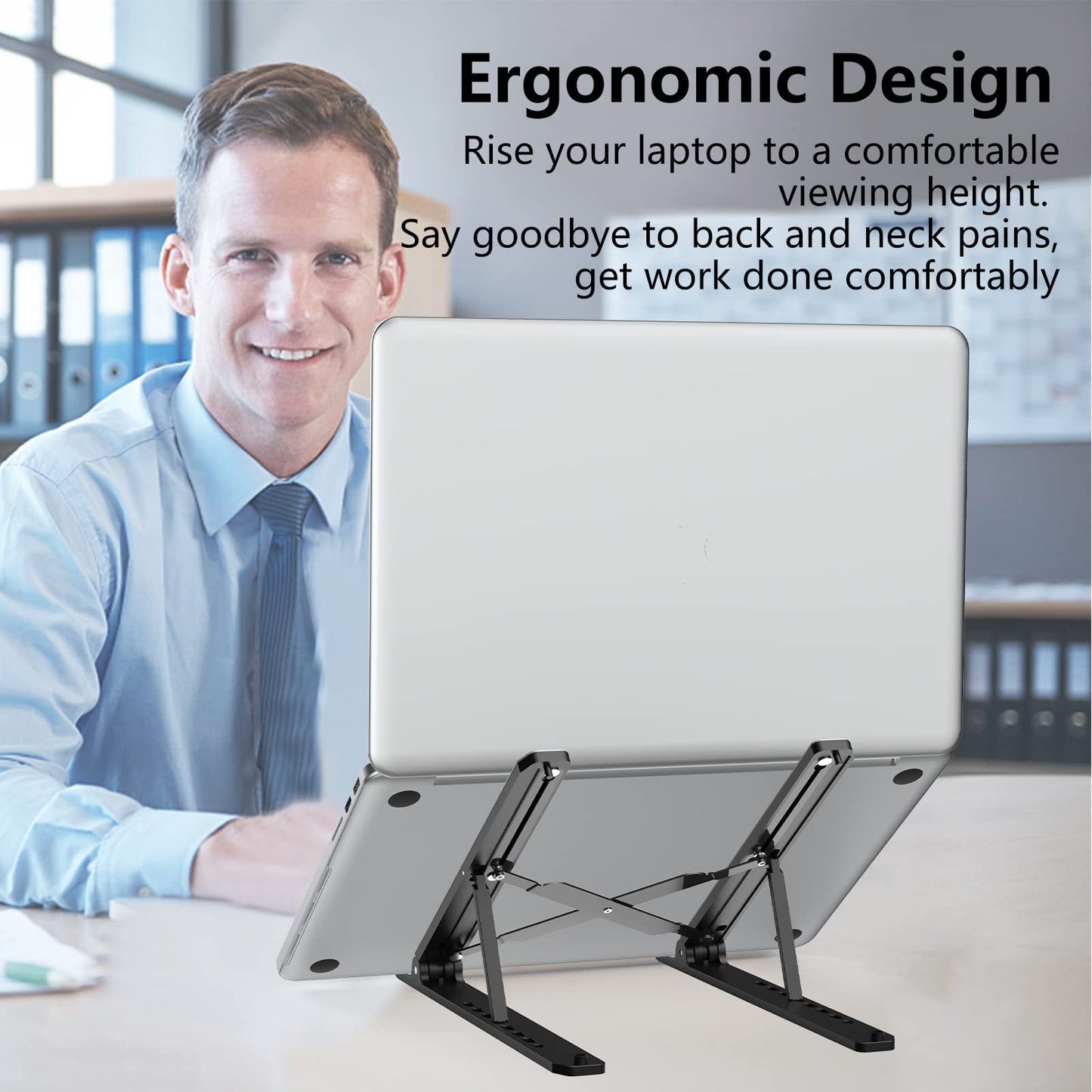 Tonmom Laptop Stand for Desk, Adjustable Laptop Riser ABS+Silicone Foldable Portable Notebook Holder, Ventilated Cooling Notebook Mount Computer Stand for 10-15.6” Laptops,Tablets-Black