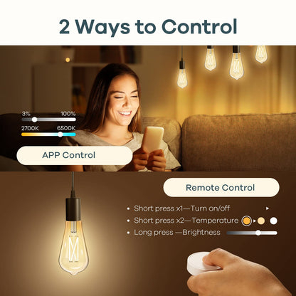Linkind E26 Smart Edison Bulbs, 2700K-6500K Tunable WiFi Edison Bulbs with Remote Control, 8W 60W Equivalent Dimmable ST19 (ST58) Vintage Light Bulbs 800lm, Compatible with Alexa & Google Home, 4-Pack