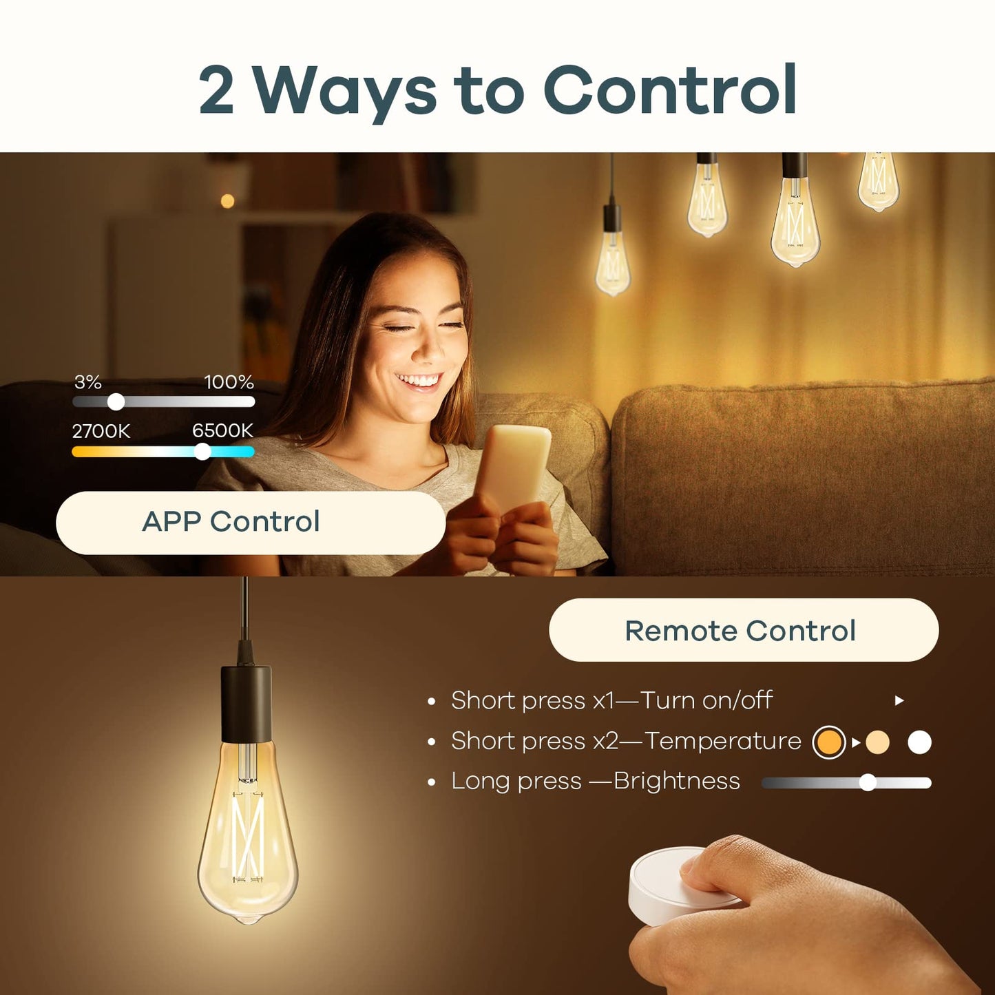 Linkind E26 Smart Edison Bulbs, 2700K-6500K Tunable WiFi Edison Bulbs with Remote Control, 8W 60W Equivalent Dimmable ST19 (ST58) Vintage Light Bulbs 800lm, Compatible with Alexa & Google Home, 4-Pack