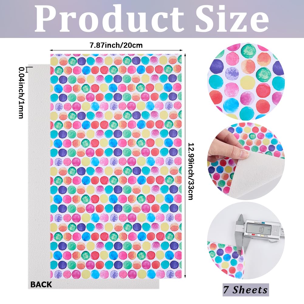 CALFOVERA 7PCS 12.99 x 7.9 Inch PU Leather Polka Dots Printed Texture Faux Leather Stripe Rainbow Sheets Colorful Geometric Leatherette Fabric Synthetic Vinyl Roll for Earrings DIY Crafts Making
