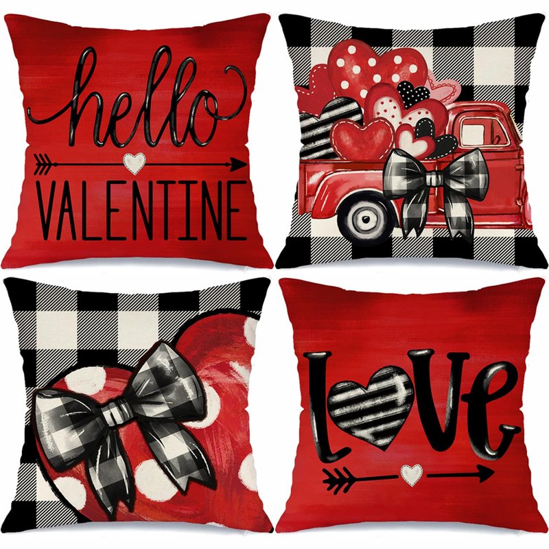 MODOVOS Valentine's Day Buffalo Plaid Bow Truck Throw Pillow Covers 18x18 Set of 4 Polka Dots Valentine Heart Wedding Cushion Case Decoration for Sofa Couch