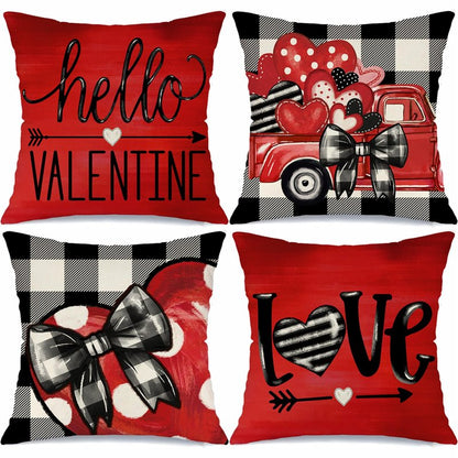 MODOVOS Valentine's Day Buffalo Plaid Bow Truck Throw Pillow Covers 18x18 Set of 4 Polka Dots Valentine Heart Wedding Cushion Case Decoration for Sofa Couch