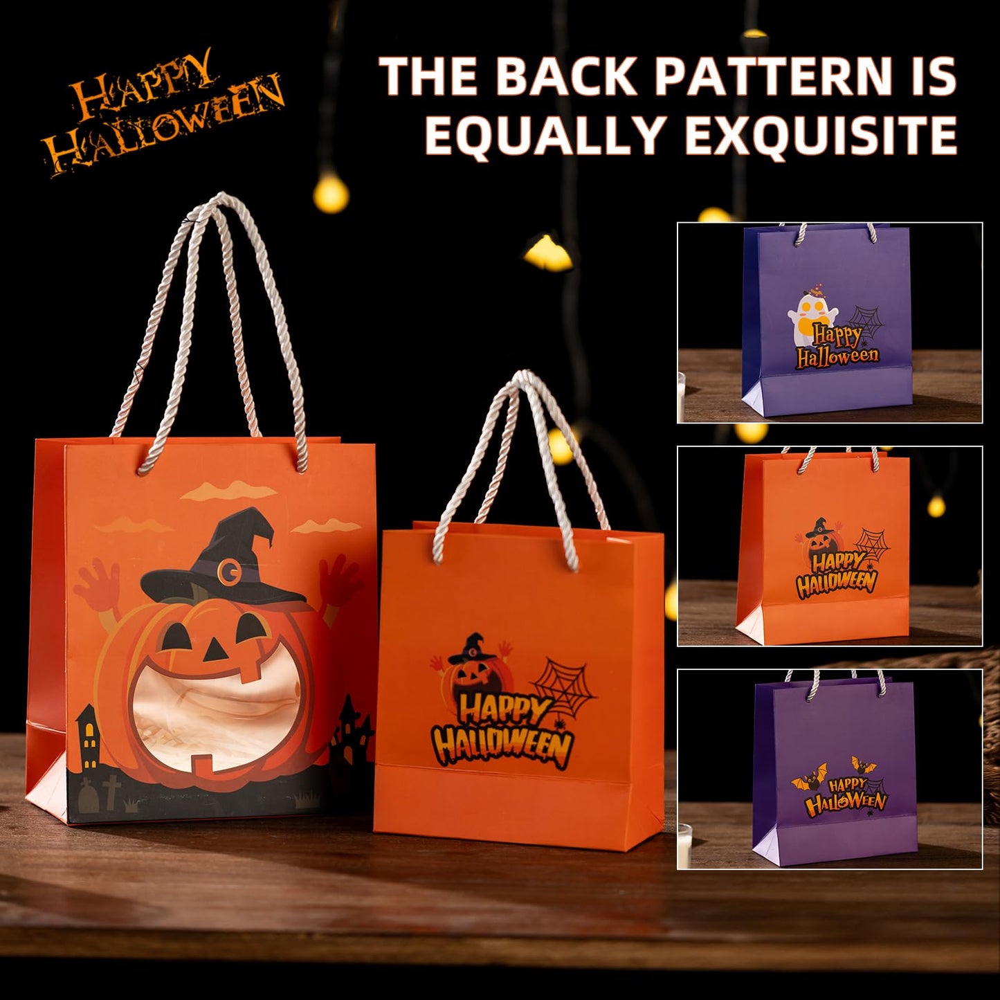 CcXxMming 30 PCS Halloween Treat Bags with Handles and Raffia Grass, 3 Designs Pumpkin Ghost Bat, Small & Medium Sizes, Halloween Candy Goodie Bags with Transparent Window, Party Favor Bags（Medium）