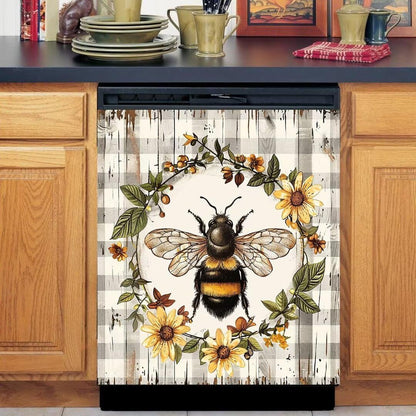 Bee Flower Wreath Dishwasher Magnet Decoration, 23Wx26H Wood Grain Texture Refrigerator Sticker for Farmhouse Kitchen