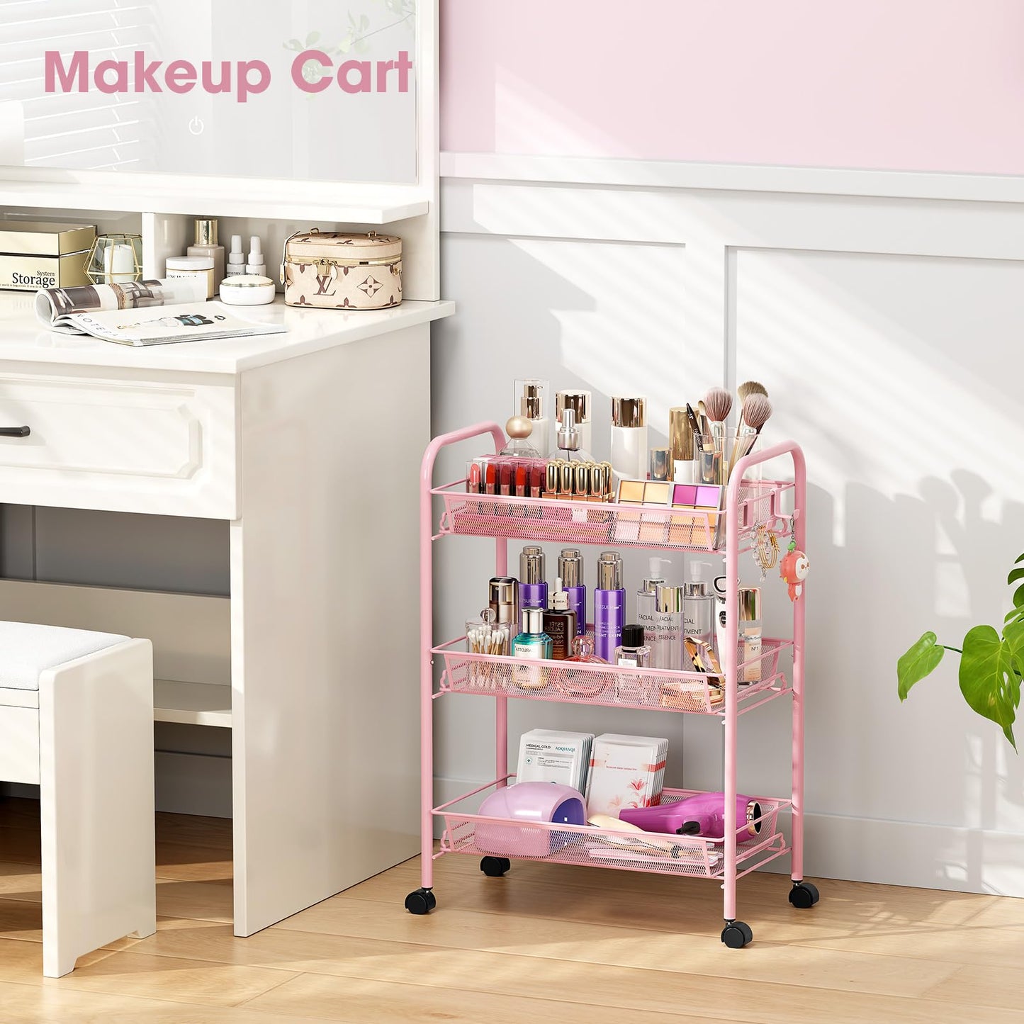 TOOLF 3 Tier Rolling Cart Pink - Metal Storage Organizer with Wheels, 33 lbs Shelf Capacity, Easy 5-Min Assembly, for Girls Room Bathroom Kitchen Office Nursery, Compact Design for Small Spaces, Pink
